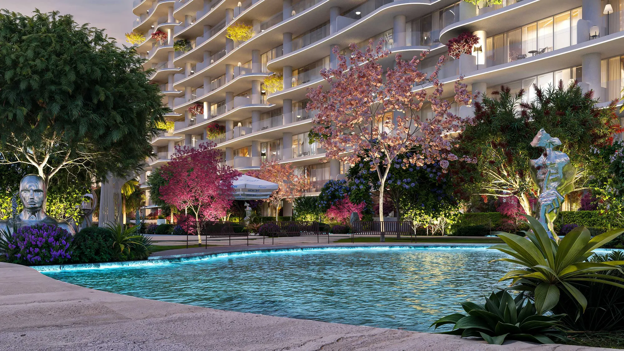 Curved turquoise pool with sunbeds and cabanas below the tower's wave-shaped balconies