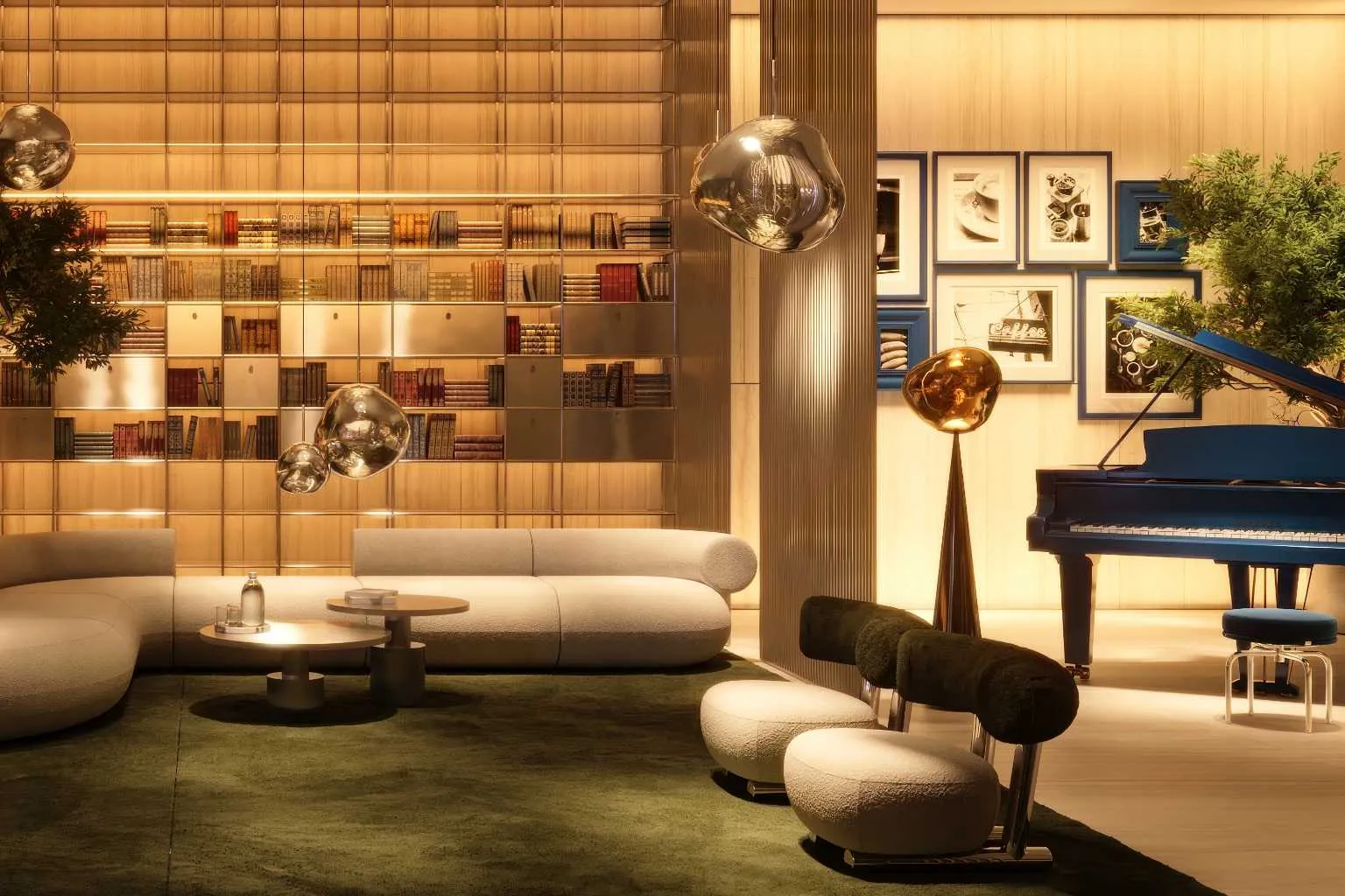 Lobby lounge with curved sofa, library shelves and blue grand piano