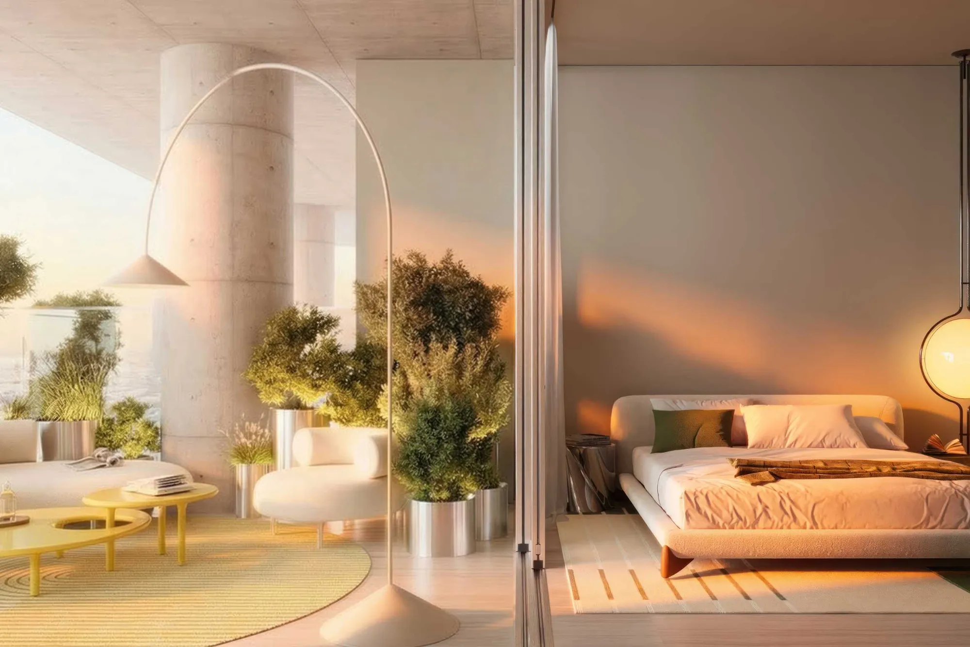 Balcony lounge with olive trees beside a bedroom with lit wardrobe