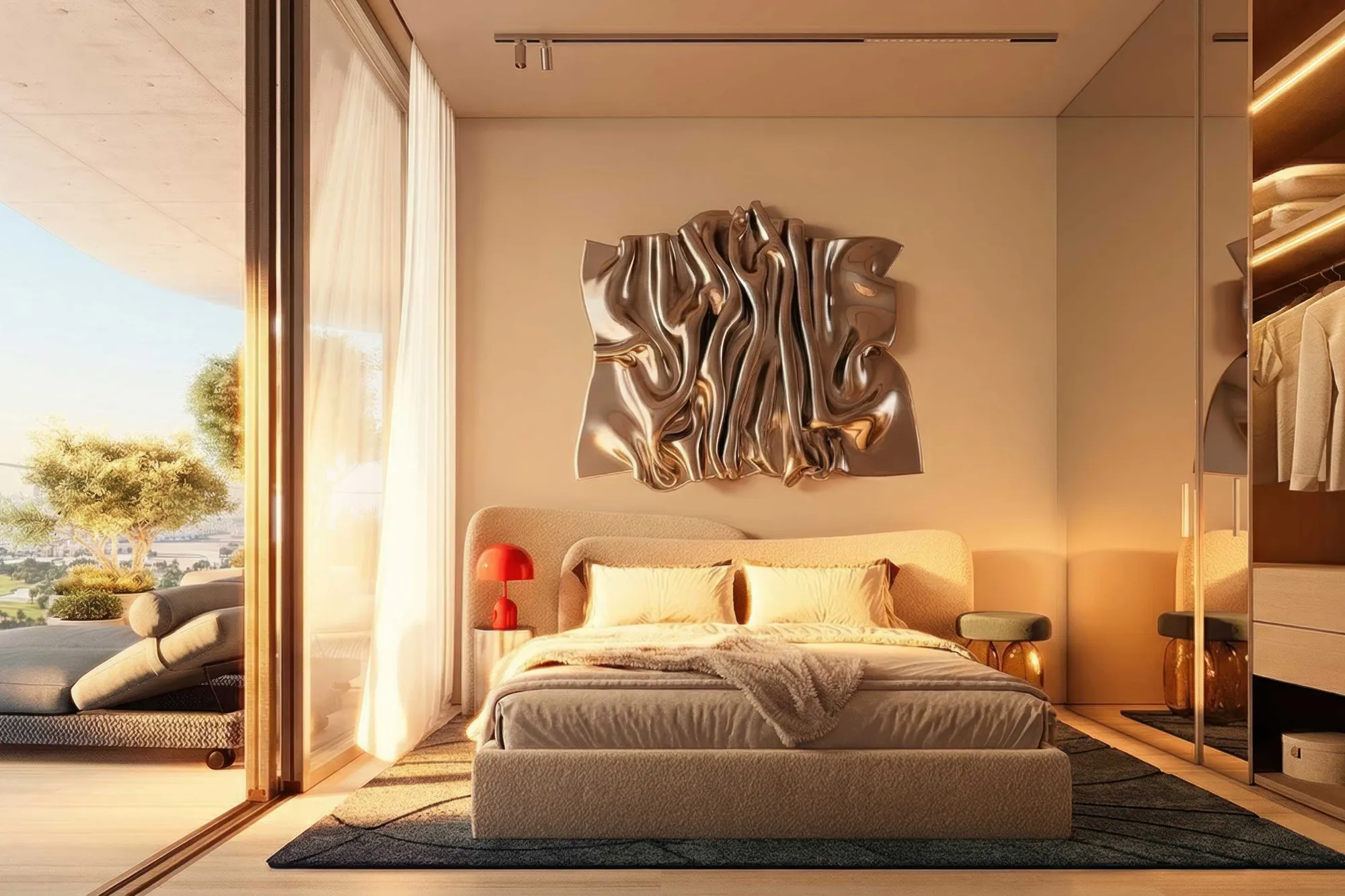 Two bedrooms with full-height glass looking towards golf course and skyline