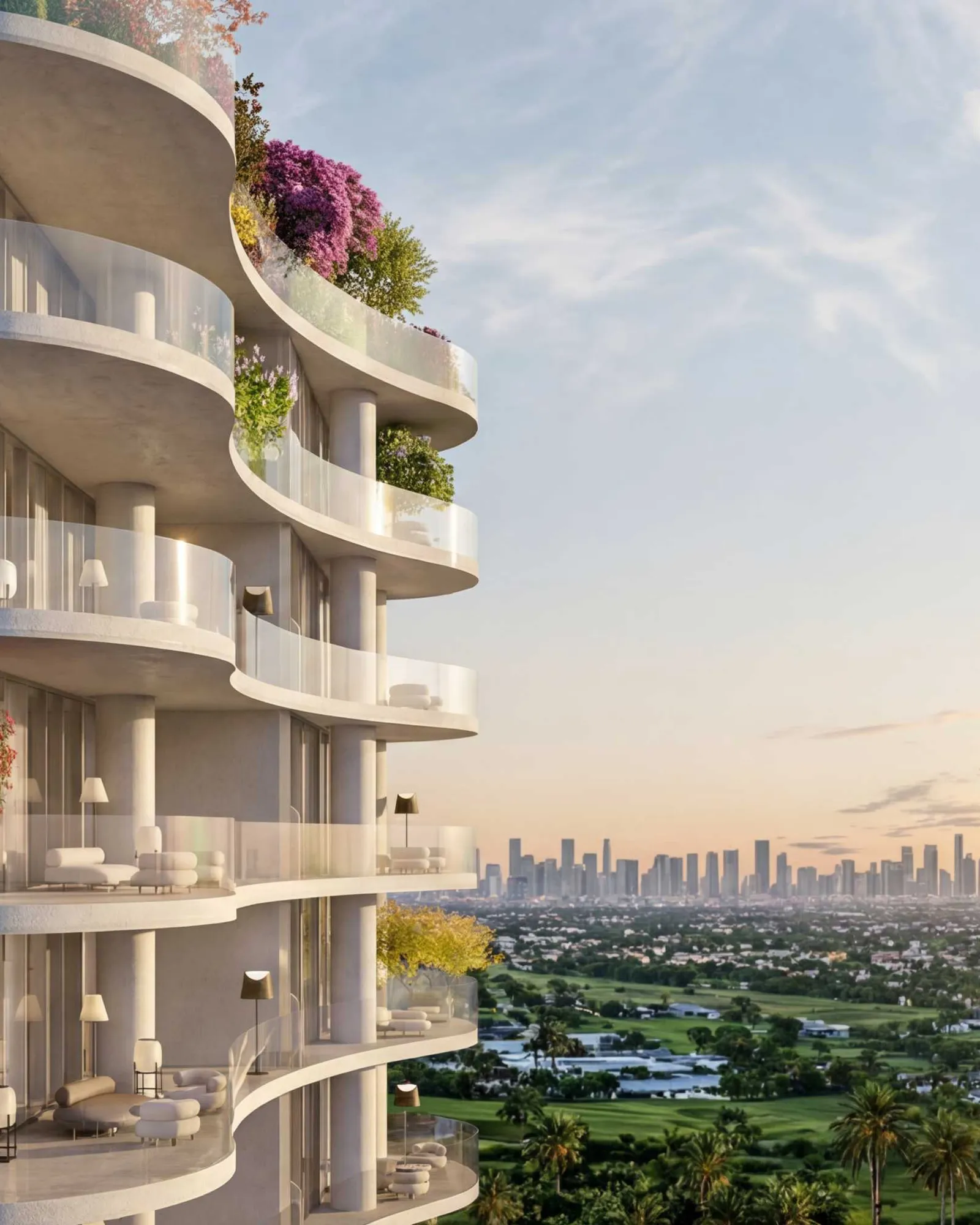 Curving balconies with flowers at sunset, Burj Khalifa on the horizon
